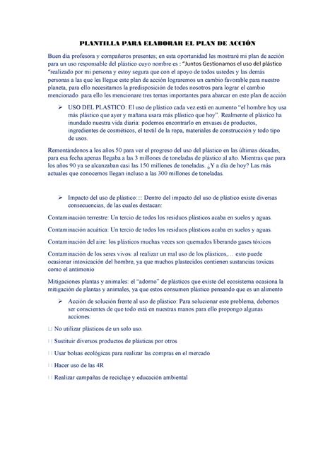 Plan de accion para el uso responsable del plástico 22 PLANTILLA PARA