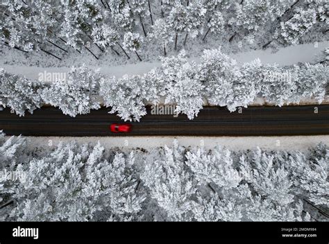 Aviemore, Scotland. 18 January 2023. Aerial views of snow covered Rothiemurchus Forest and ...