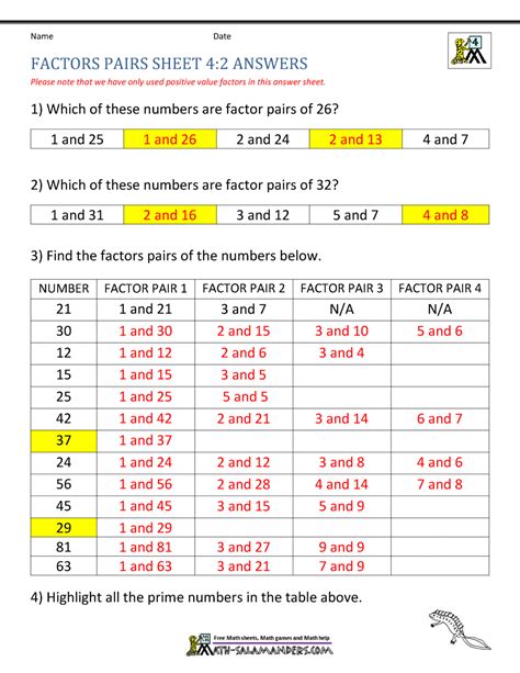 Factor Pairs Worksheet