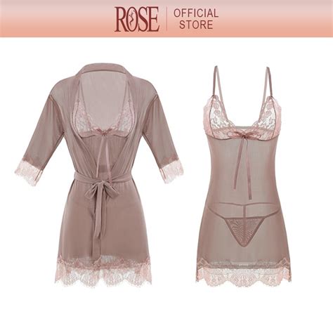 Rose Three Piece Set Net Yarn Nightdress Nightgown Sleepwear Lace Suit Sexy Lingerie For Women