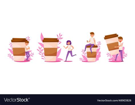 People Coffee Lovers With Huge Cup Enjoying Hot Vector Image