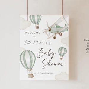 Editable Sage Hot Air Balloon Welcome Sign Boy Baby Shower Printable