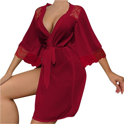Women Lace Kimono Robe Bell Sleeve Sheer Nightgown Sexy Chiffon Lingerie Babydoll Mesh Chemise