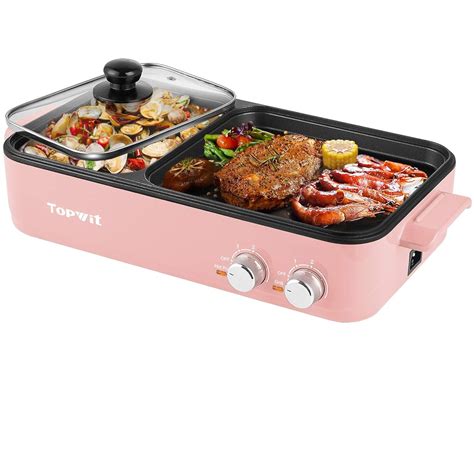 Topwit Hot Pot Electric With Grill 2 In 1 Indoor Non Stick For Steaks Shabu Shabu Noodles