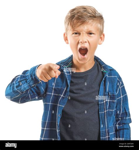 Portrait of angry little boy on white background Stock Photo - Alamy