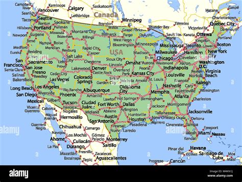Map of the USA. Shows country borders, place names and roads. Labels in ...