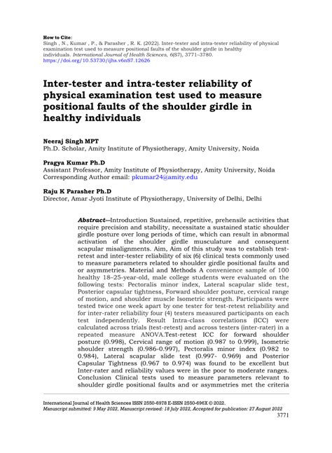 PDF Inter Tester And Intra Tester Reliability Of Physical Examination