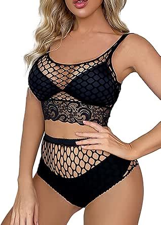 Amazon Sexytine Women S Fishnet Lingerie Set Lace Sheer Mesh Top And Panty Black One Size