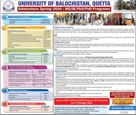 University of Balochistan MPhil PhD Admissions 2020 Result.pk