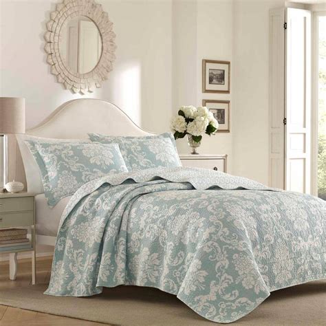 Laura Ashley Venetia 3 Piece Duck Egg Blue Floral Cotton King Quilt Set