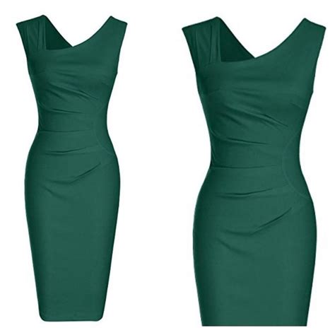 Sleeveless Green Sheath Dress With Asymmetric Neckline And Flattering