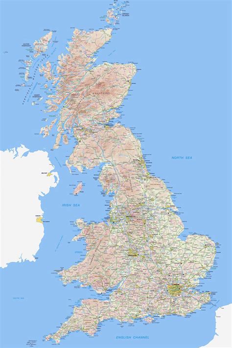 large detailed road map  britain  relief  villages cities  airports united