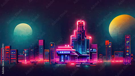 Neon lights city with skyscrapers at night as pixel art Stock ...