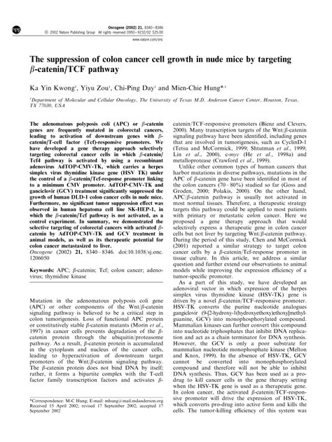 Pdf The Suppression Of Colon Cancer Cell Growth In Nude Mice By Targeting Catenin Tcf Pathway
