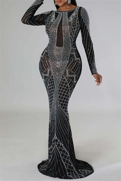 Wholesale Black Sexy Solid Patchwork See Through Hot Drill O Neck Evening Dress Dresses K63509 2