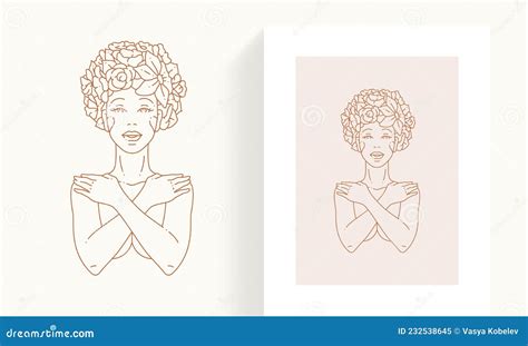 Portrait Of Naked Woman Covering Breast By Crossed Hands With Flower Blossom Head Simple Icon