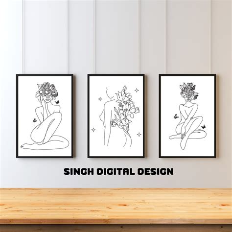 Flower Naked Woman Line Art Abstract Woman Body Line Drawing Feminist Wall Art Set Feminine
