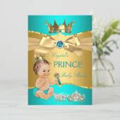 Teal Blue Gold Prince Baby Shower Brunette Boy Invitation Zazzle