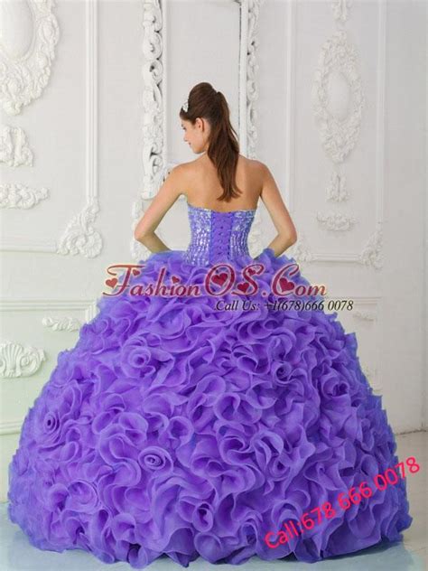 Ball Gown Strapless Organza Purple 15 Quinceanera Dresses With Beading