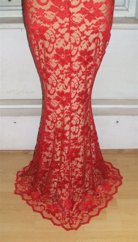 Baylis Knight Red Nude Lace 3 4 Sleeve Slash Boat Neck Etsy UK