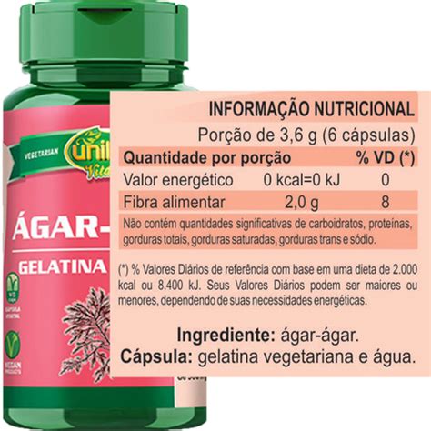 Ágar Ágar Gelatina Vegetal 60 Cápsulas 600mg Unilife no Shoptime