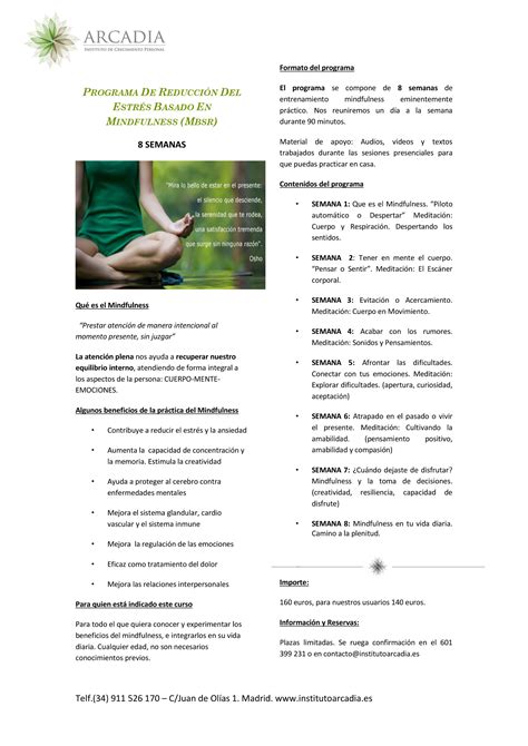 Programa de reducción del estrés basado en Mindfulness Instituto Arcadia