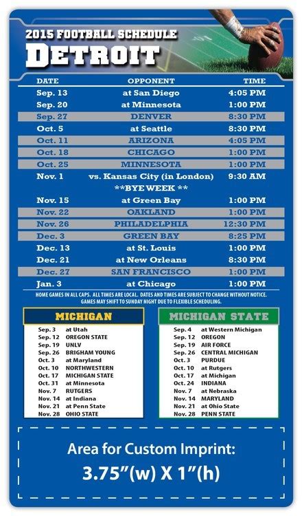 Detroit Lions Pro Football Schedule Magnets 4 X 7 Custom Magnets