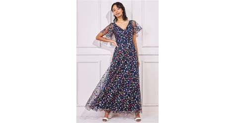 Goddiva Flutter Sleeve Floral Embroidered Maxi In Blue Lyst