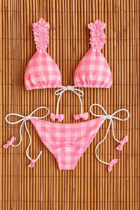 Pink Gingham Bikini Set With Ruffle Straps And Bow Details Triangle