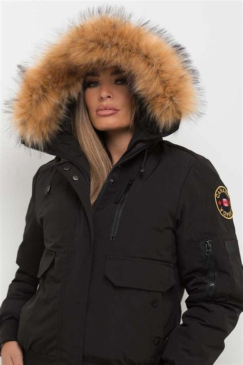 Women's Black Bomber Jacket With Fur Hood Canada Goose Inspired