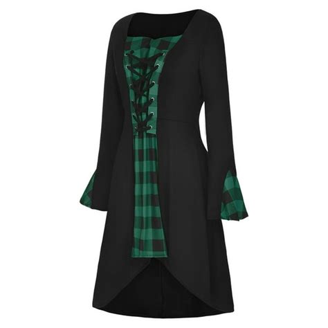 Womens Vintage Gothic Renaissance Dress Plaid Splicing Long Sleeve Lace Up Medieval Dress A