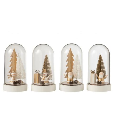 Lot de 4 cloches avec décorations de Noël en bois blanc et verre H20cm