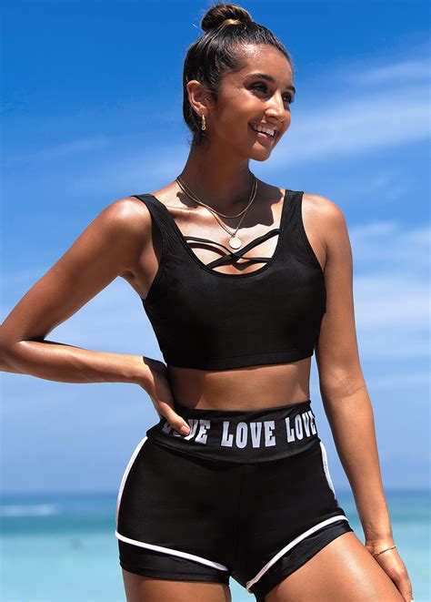 Letter Print Cross Strap High Waisted Bikini Set Modlily Usd