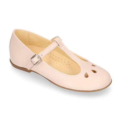 Girl T BAR Mary Jane Shoes In Nude Soft Nappa Leather With Petals Design AN032 OkaaSpain