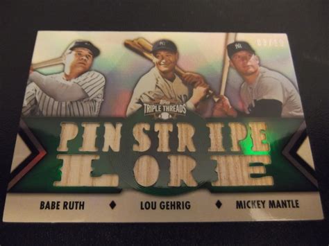 New York Yankees Pinstrip Lore Babe Ruth Lou Gehrig Mickey Mantle Bat Relic Card Amazing