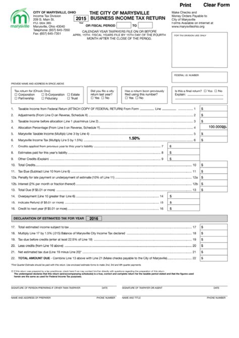 Fillable Business Income Tax Return City Of Marysville 2015