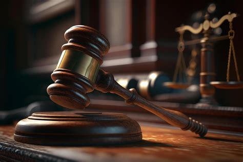 Justice Served Gavel on Wooden Desk in Courtroom 24062115 Stock Photo