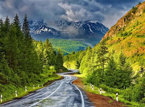 Mountain Road Pretty Autumn Slopes Bonito Clouds Bushes Mountain