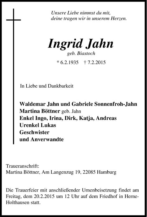 Traueranzeigen Von Ingrid Jahn Trauer In NRW De