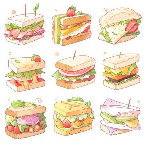 Premium Photo | Many sandwich cute clipart on white background