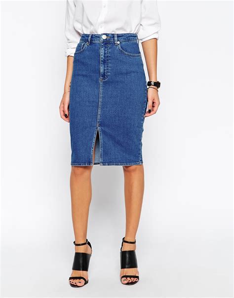 Asos Denim Split Front Midi Pencil Skirt In Midwash Blue In Blue Lyst