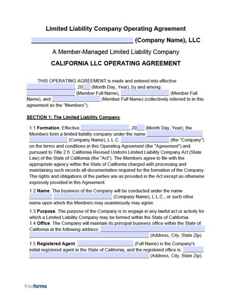 Free California Llc Operating Agreement Template Pdf Word