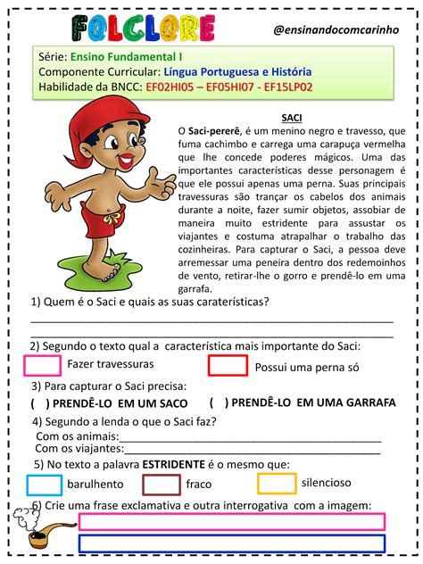 Atividade Sobre O Saci - Lenda Do Saci Atividade De Leitura E Interpretação De 20 | Lenda do ...