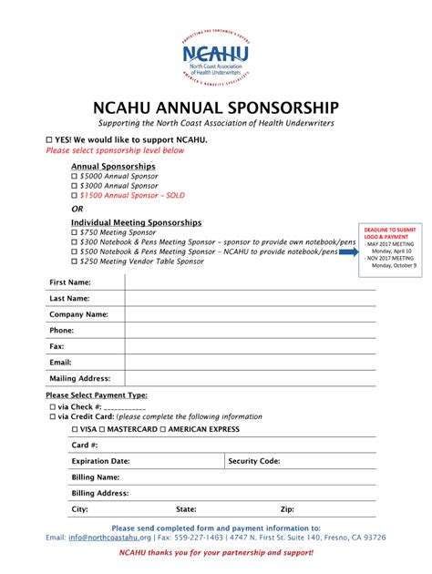 Fillable Online Ncahu Annual Sponsorship North Coast Ahu Fax Email