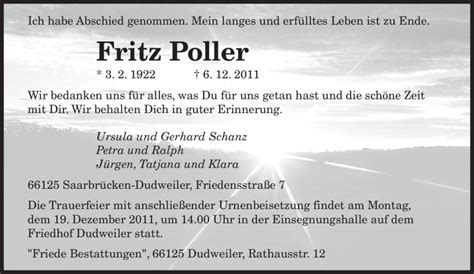 Traueranzeigen Von Fritz Poller Saarbruecker Zeitung Trauer De