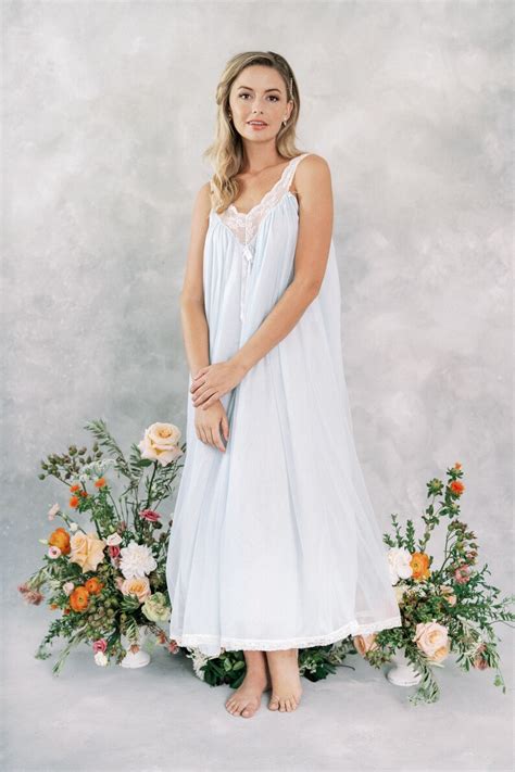 Vtg 70s Blue Lingerie Nightgown Slip Dress Boudoir Lace Etsy