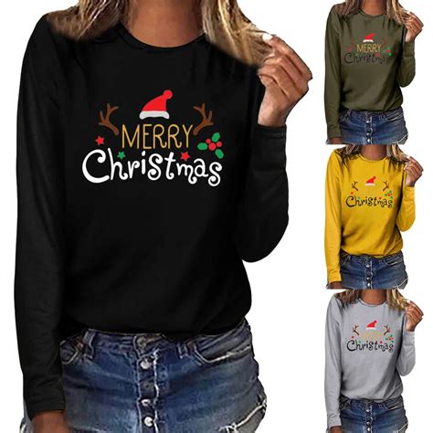 Рождественская футболка для женщин, топ с длинными рукавами и ...
