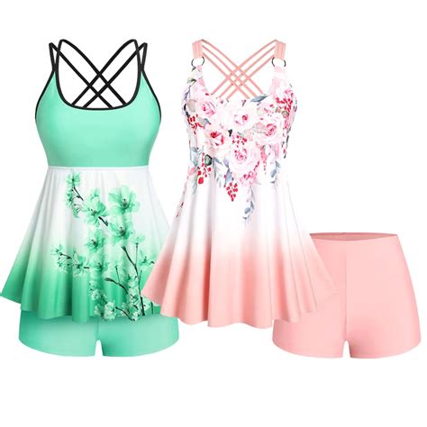 Rosegal Plus Size Colorful Floral Print Crisscross Swimsuit Two Piece Bikini Fashion High Waist