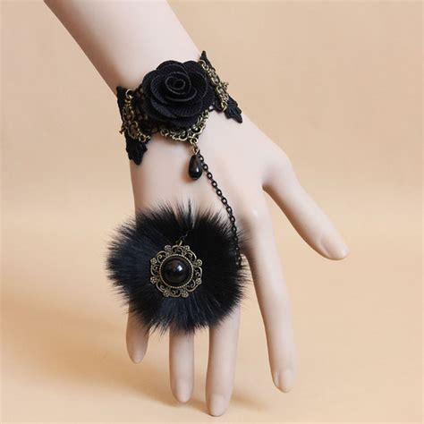 Gothic Black Floral Lace Wristband Rose Bracelet With Furry Ring J