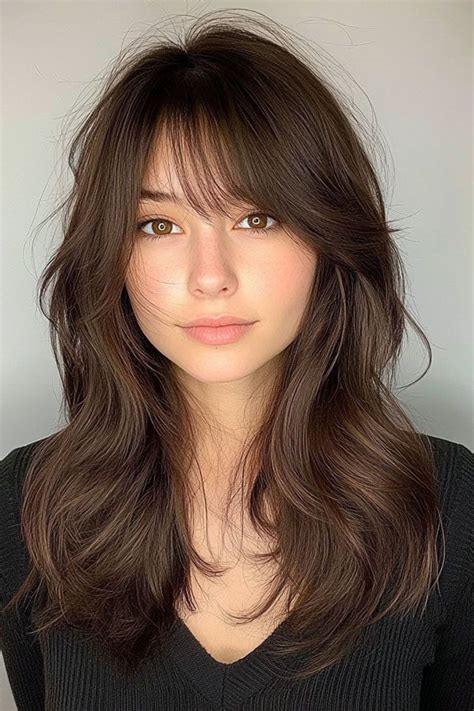 Curtain Bangs With Layered Long Hair Soft Brunette Layers With Wispy Curtain Bangs